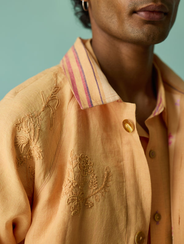 Sorren Hand-Embroidered Border Linen Jacket - Apricot