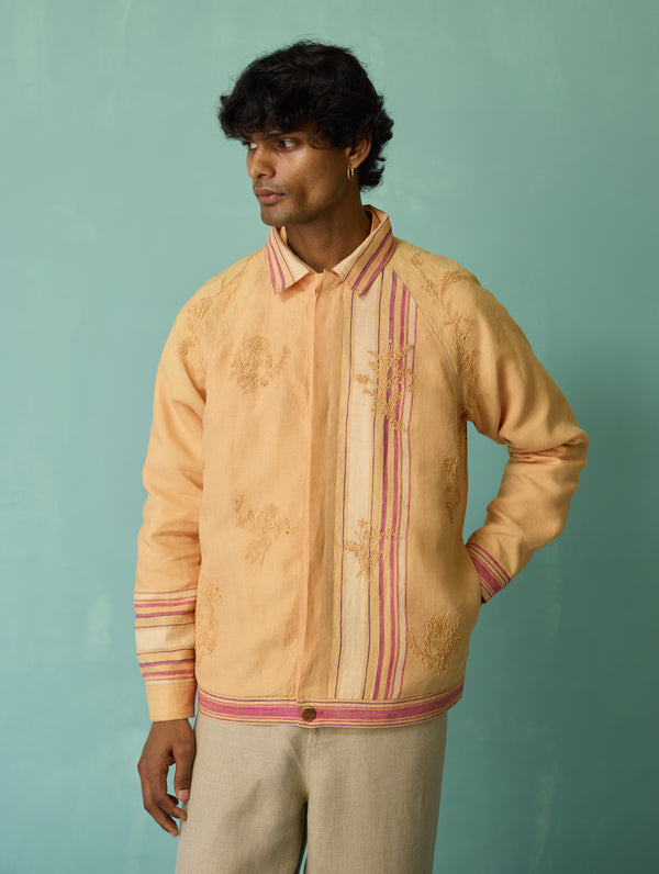 Sorren Hand-Embroidered Border Linen Jacket - Apricot