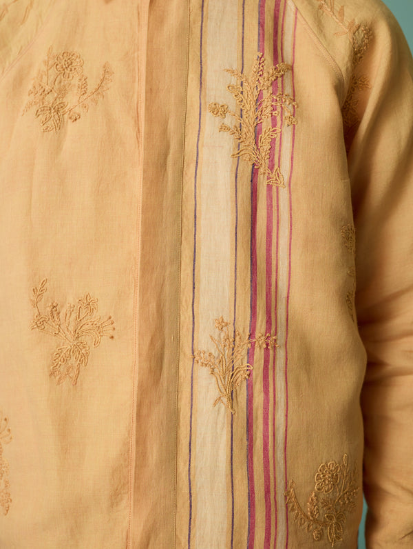 Sorren Hand-Embroidered Border Linen Jacket - Apricot