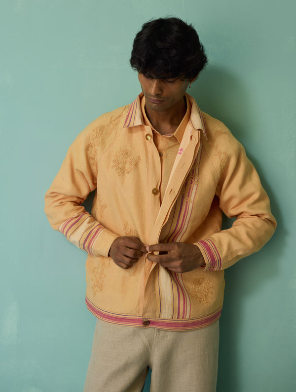 Sorren Hand-Embroidered Border Linen Jacket - Apricot
