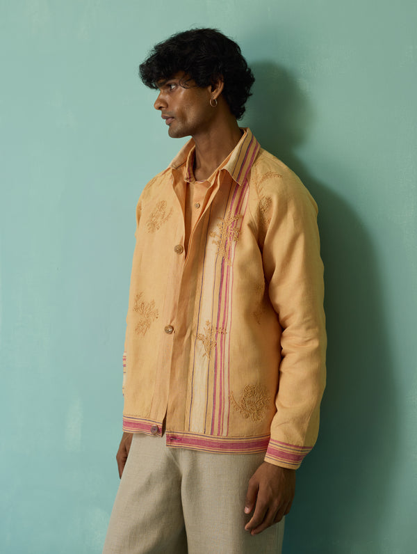 Sorren Hand-Embroidered Border Linen Jacket - Apricot