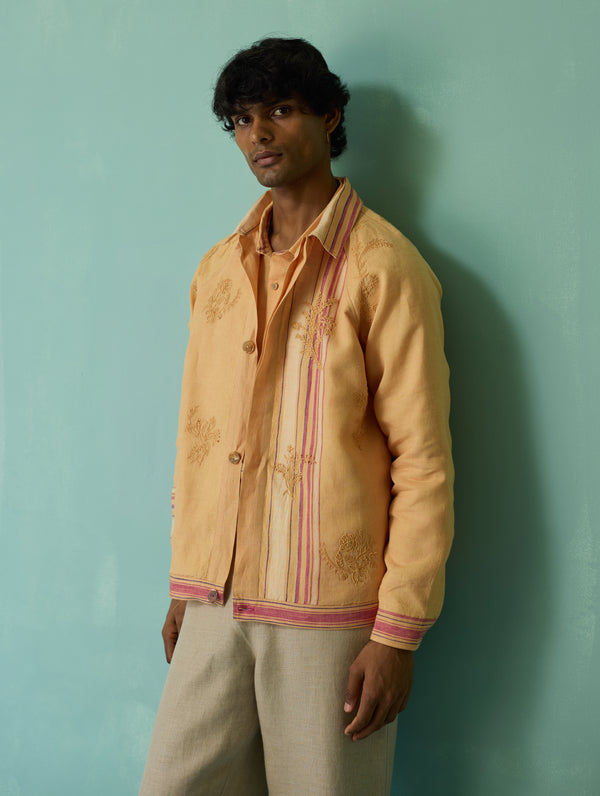 Sorren Hand-Embroidered Border Linen Jacket - Apricot