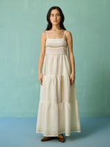 Pera Border Linen Tiered Dress - Ivory