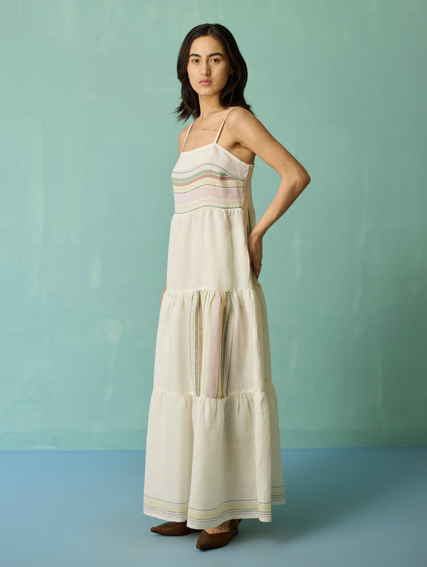 Pera Border Linen Tiered Dress - Ivory