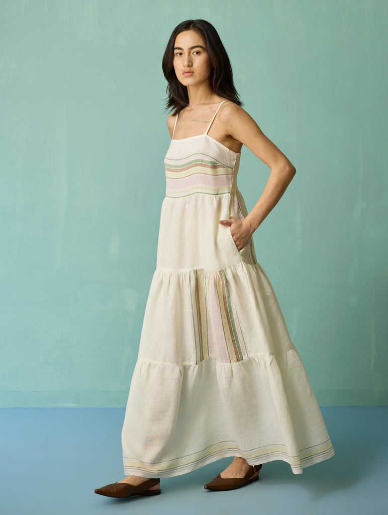 Pera Border Linen Tiered Dress - Ivory