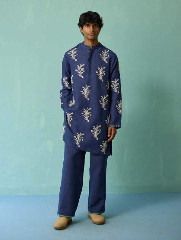 Haruto Hand-Embroidered Floral Kurta Set - Indigo