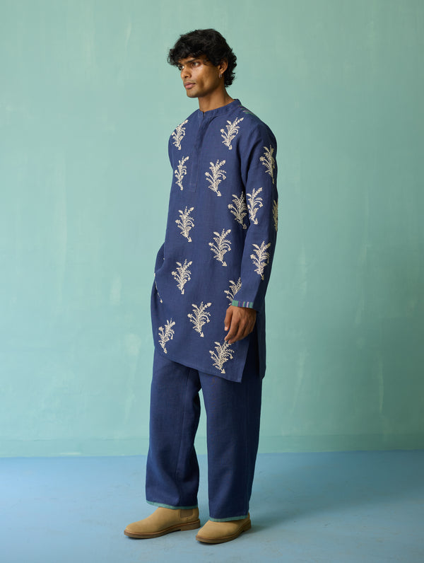 Haruto Hand-Embroidered Floral Kurta Set - Indigo
