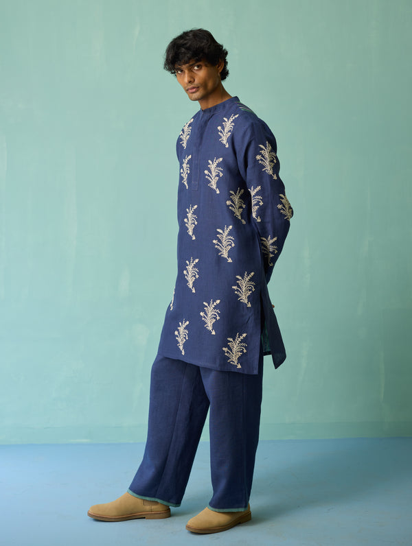 Haruto Hand-Embroidered Floral Kurta - Indigo