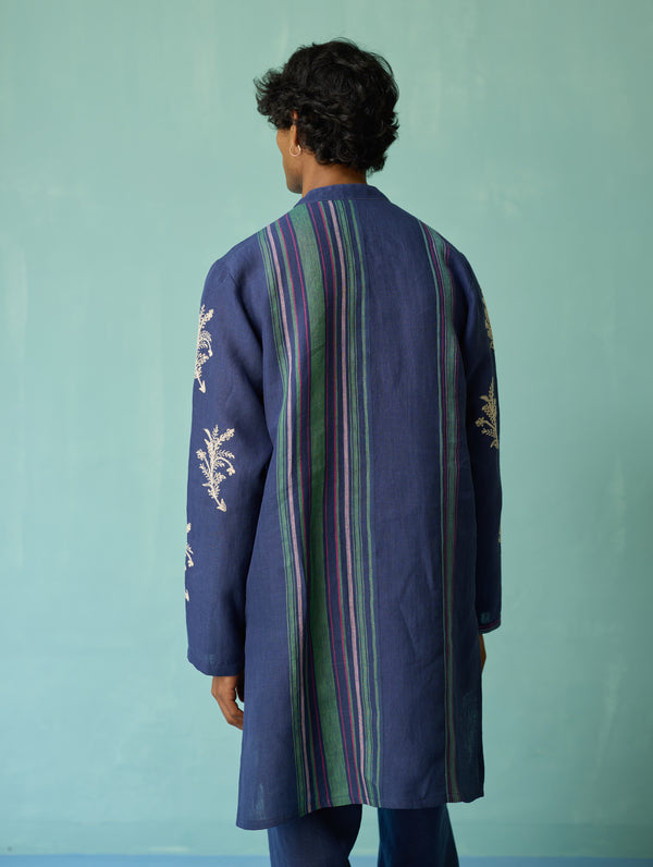 Haruto Hand-Embroidered Floral Kurta - Indigo