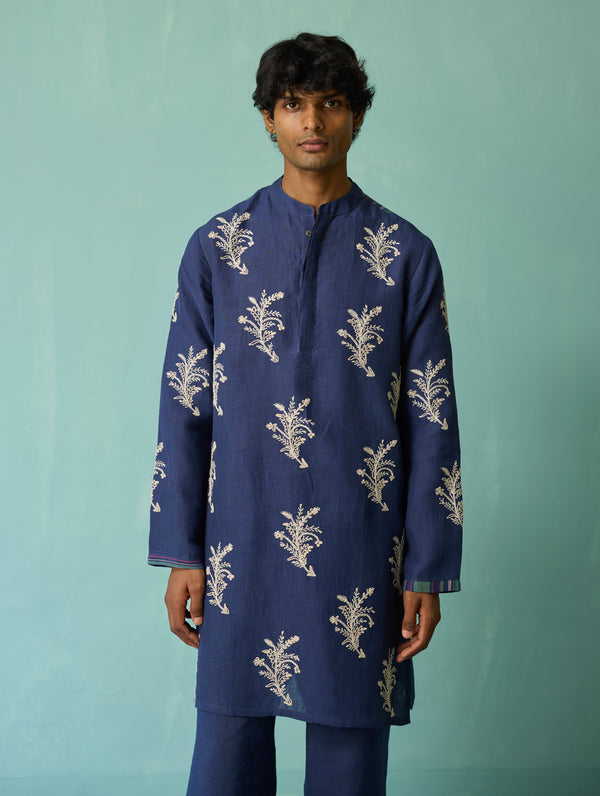 Haruto Hand-Embroidered Floral Kurta - Indigo