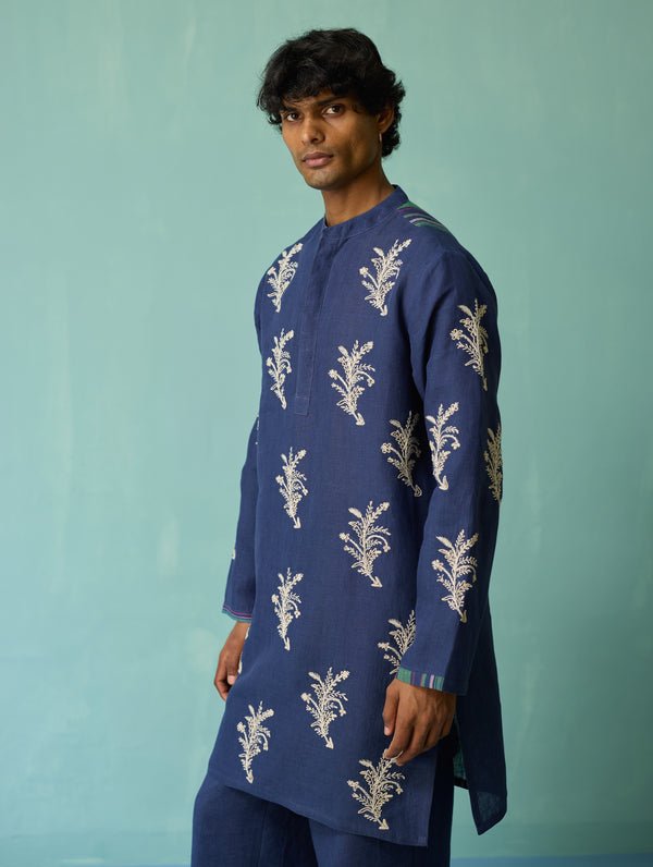 Haruto Hand-Embroidered Floral Kurta - Indigo