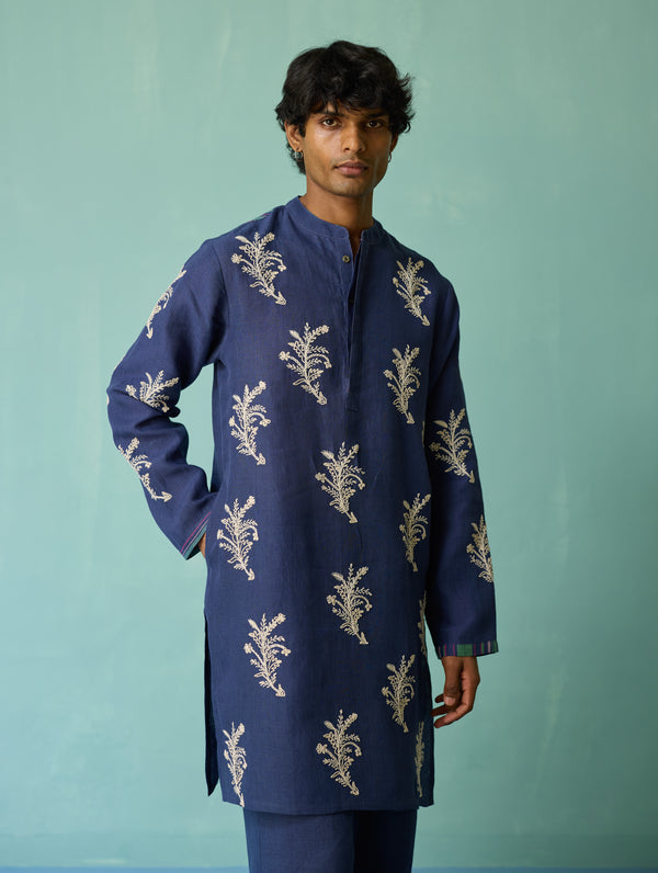 Haruto Hand-Embroidered Floral Kurta - Indigo