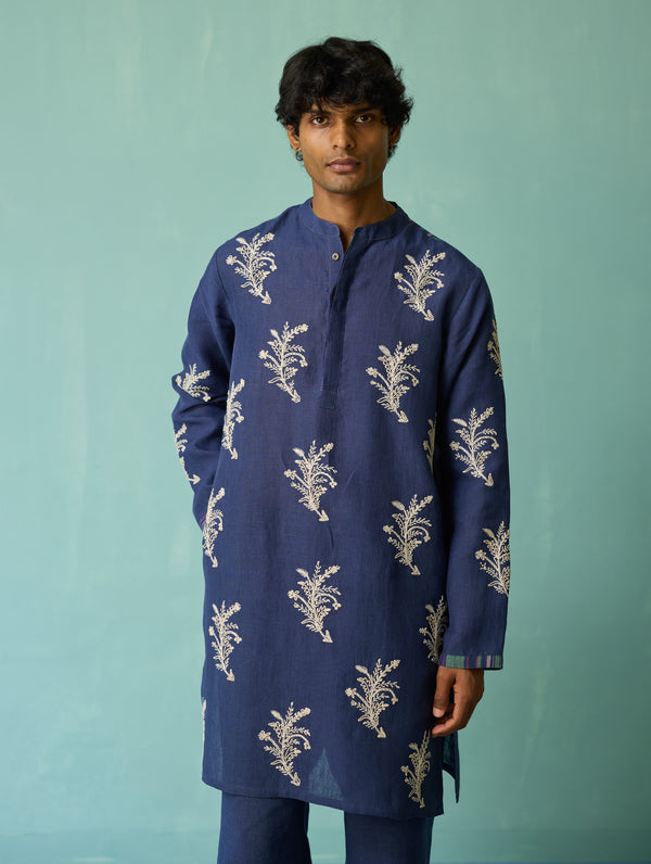 Haruto Hand-Embroidered Floral Kurta - Indigo