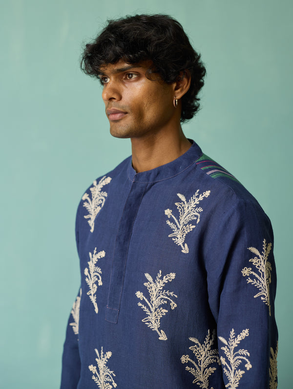 Haruto Hand-Embroidered Floral Kurta - Indigo
