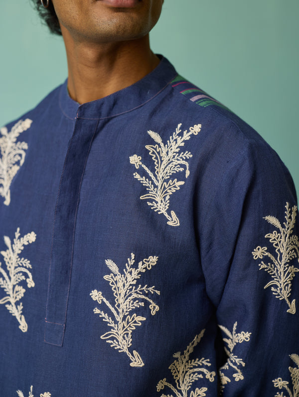 Haruto Hand-Embroidered Floral Kurta Set - Indigo