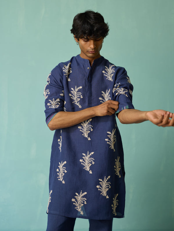 Haruto Hand-Embroidered Floral Kurta Set - Indigo