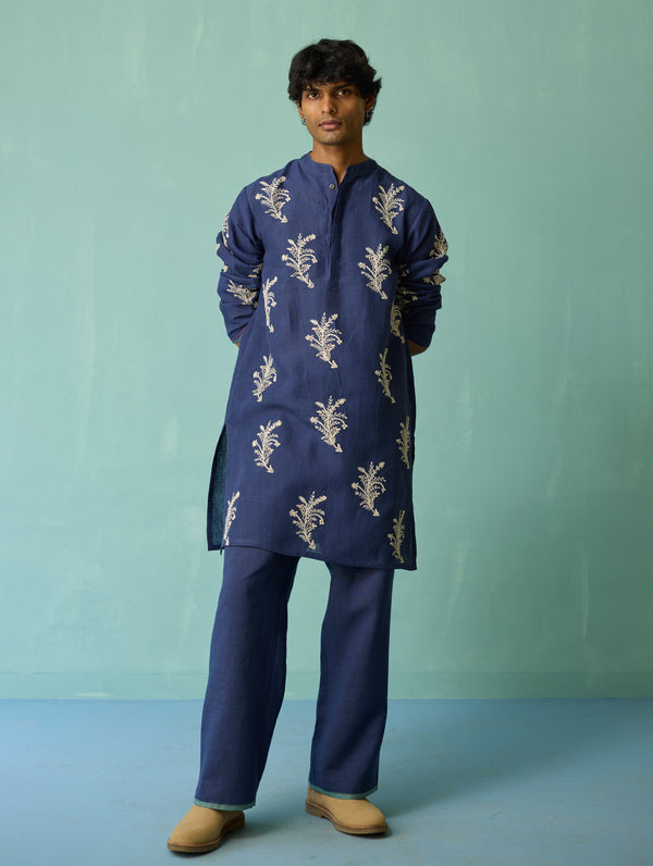 Haruto Hand-Embroidered Floral Kurta - Indigo