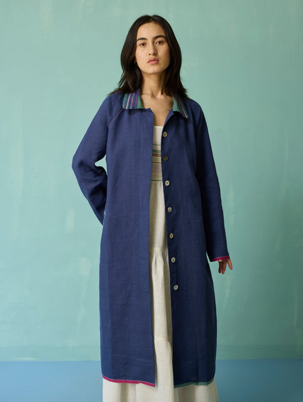 Kara Long Linen Overlay - Indigo