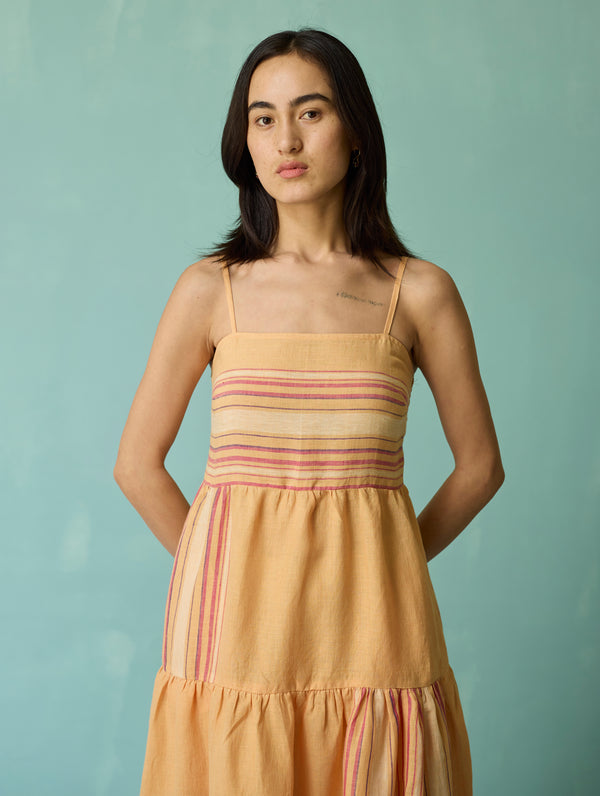 Pera Border Linen Tiered Dress - Apricot