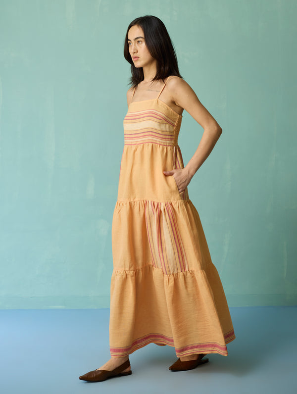 Pera Border Linen Tiered Dress - Apricot