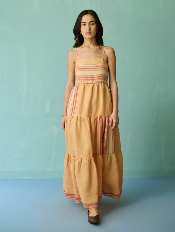Pera Border Linen Tiered Dress - Apricot
