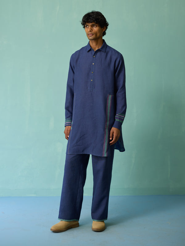 Briar Collar Border Linen Kurta - Indigo