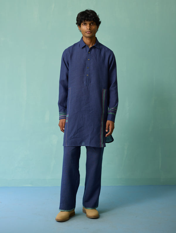 Briar Collared Border Linen Kurta Set - Indigo