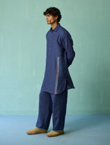 Briar Collared Border Linen Kurta Set - Indigo
