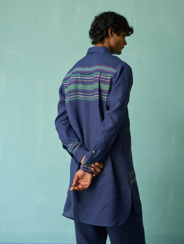 Briar Collar Border Linen Kurta - Indigo