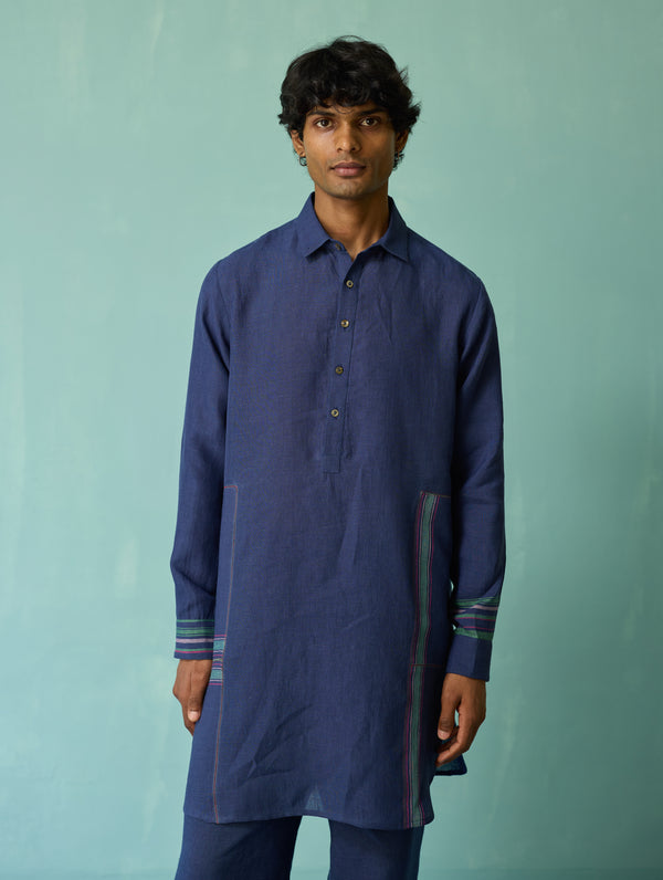 Briar Collar Border Linen Kurta - Indigo