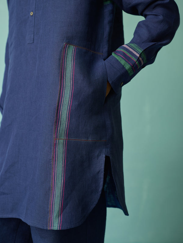 Briar Collar Border Linen Kurta - Indigo