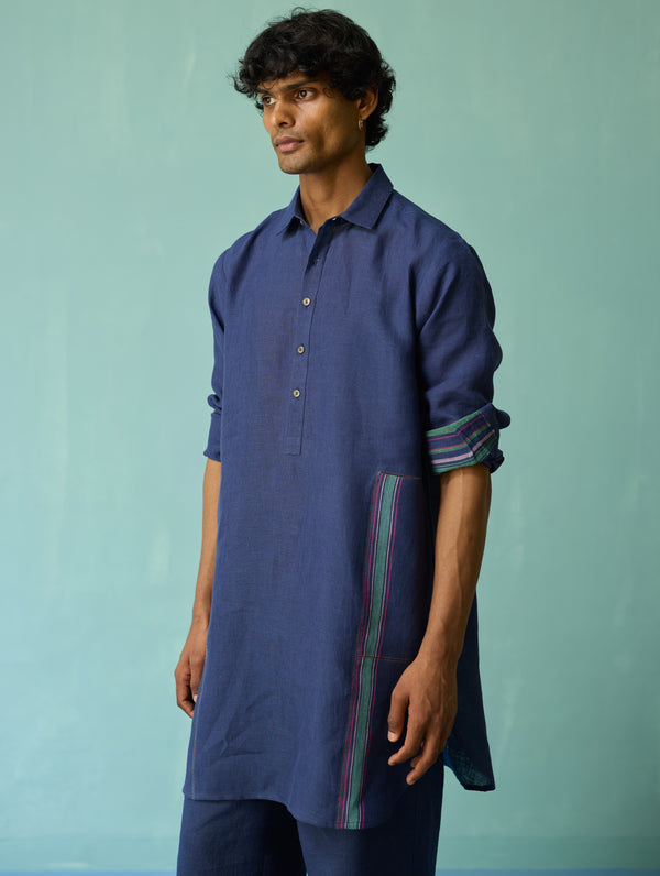 Briar Collar Border Linen Kurta - Indigo