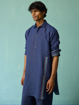Briar Collared Border Linen Kurta Set - Indigo