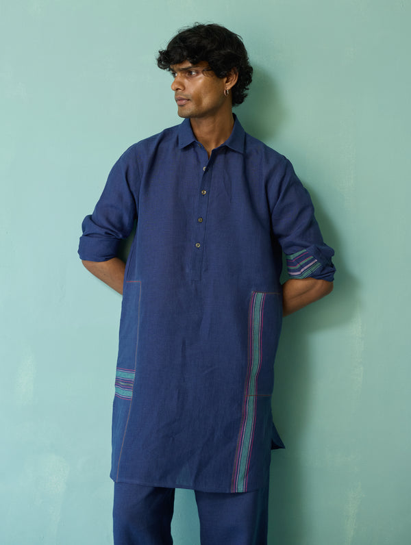Briar Collar Border Linen Kurta - Indigo