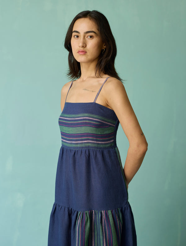 Pera Border Linen Tiered Dress - Indigo