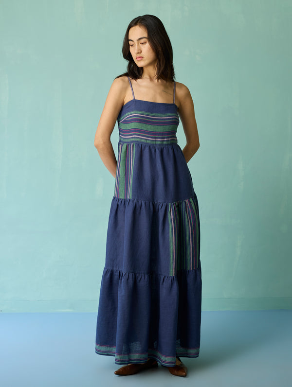Pera Border Linen Tiered Dress - Indigo