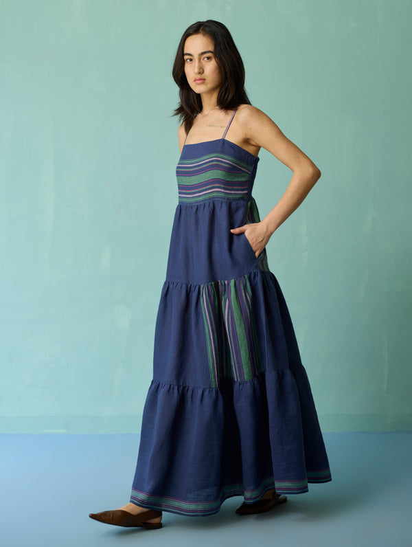 Pera Border Linen Tiered Dress - Indigo