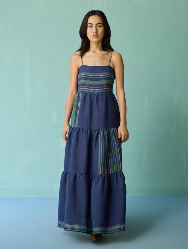 Pera Border Linen Tiered Dress - Indigo