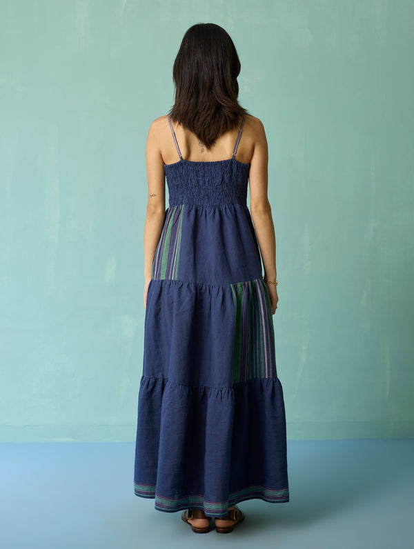 Pera Border Linen Tiered Dress - Indigo