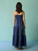 Pera Border Linen Tiered Dress - Indigo