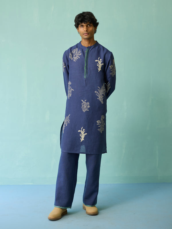 Farhan Block-Printed Floral Kurta - Indigo