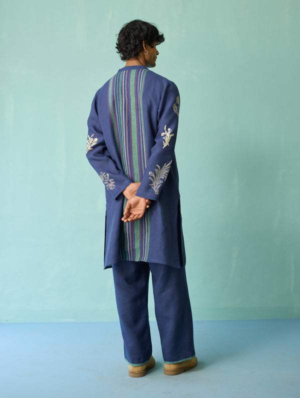 Farhan Block-Printed Floral Kurta Set - Indigo
