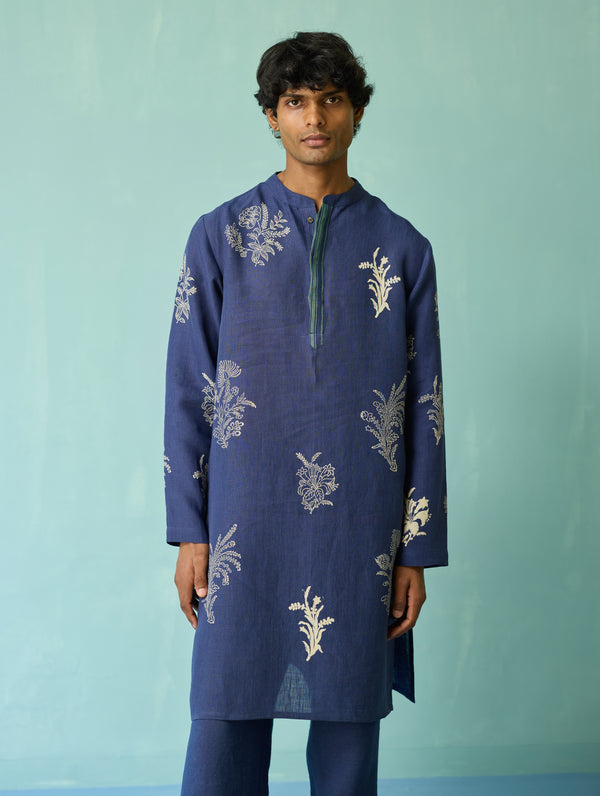 Farhan Block-Printed Floral Kurta Set - Indigo