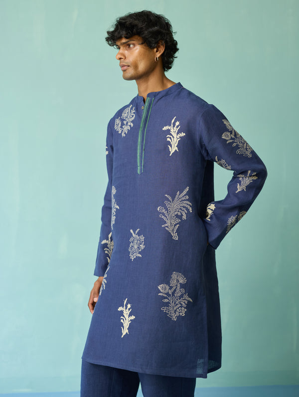 Farhan Block-Printed Floral Kurta Set - Indigo