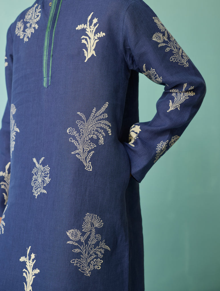 Farhan Block-Printed Floral Kurta - Indigo