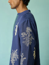 Farhan Block-Printed Floral Kurta - Indigo