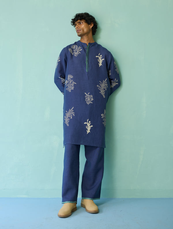 Farhan Block-Printed Floral Kurta Set - Indigo