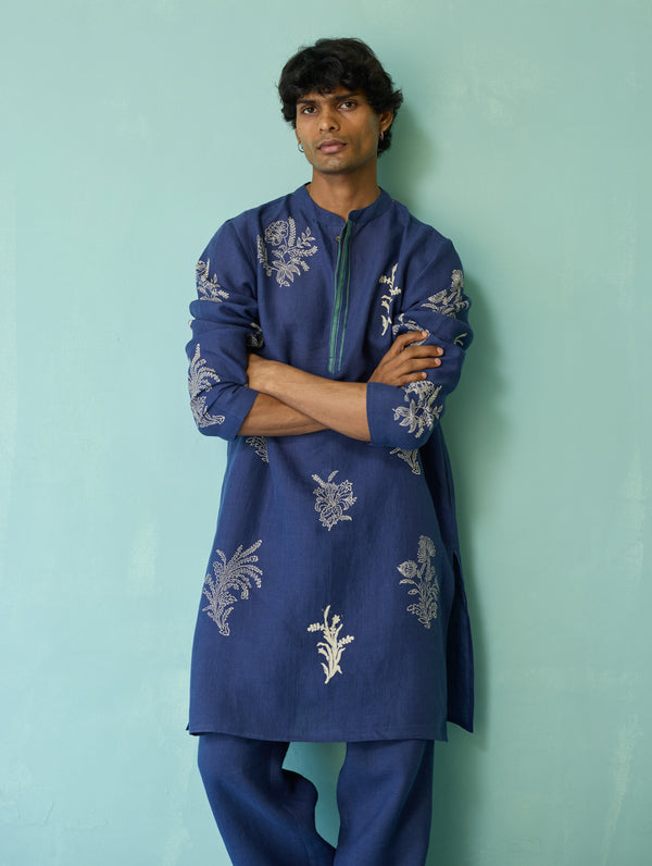 Farhan Block-Printed Floral Kurta - Indigo