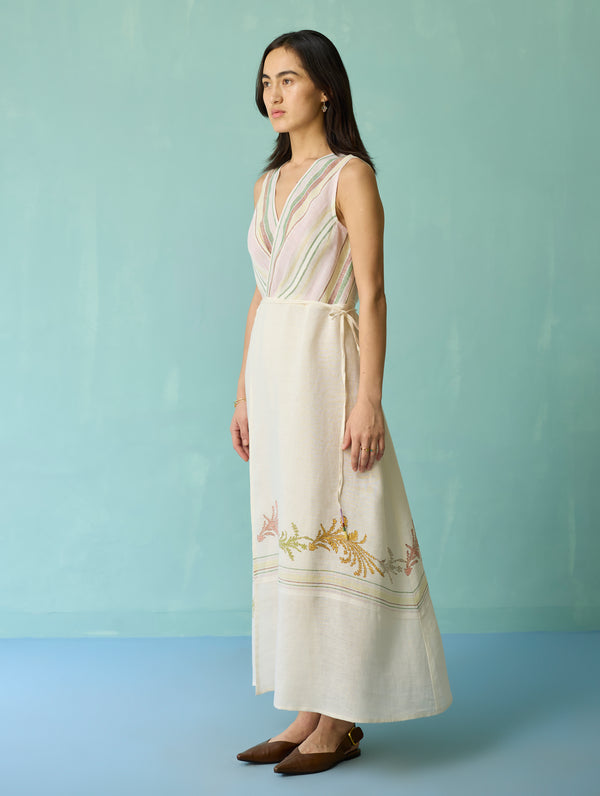 Sira Border Linen Floral Wrap Dress - Ivory