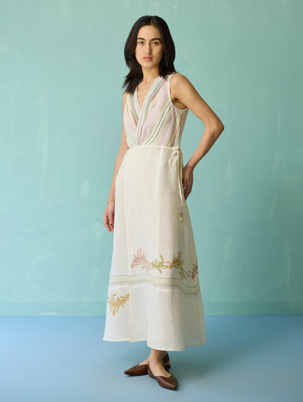 Sira Border Linen Floral Wrap Dress - Ivory
